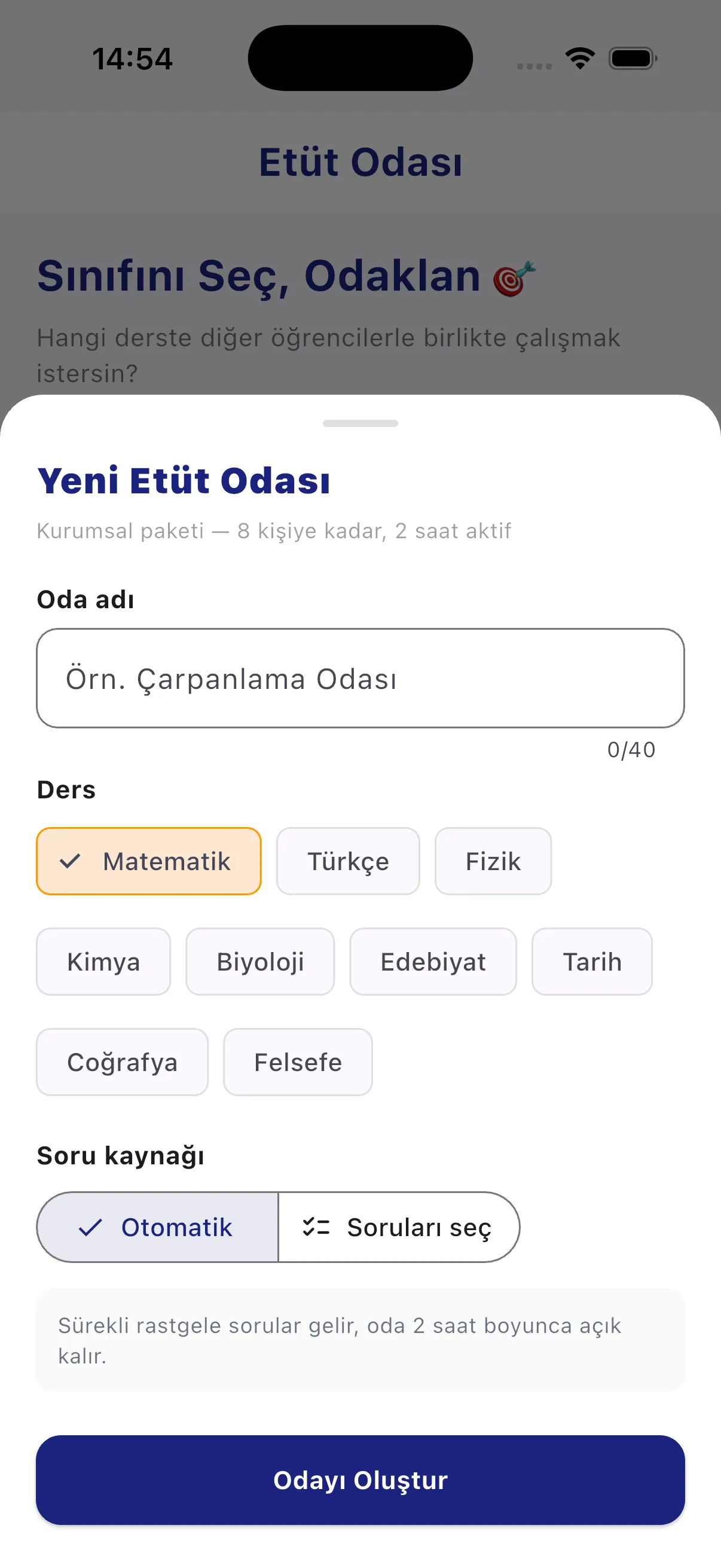 İki saatlik özel etüt odan