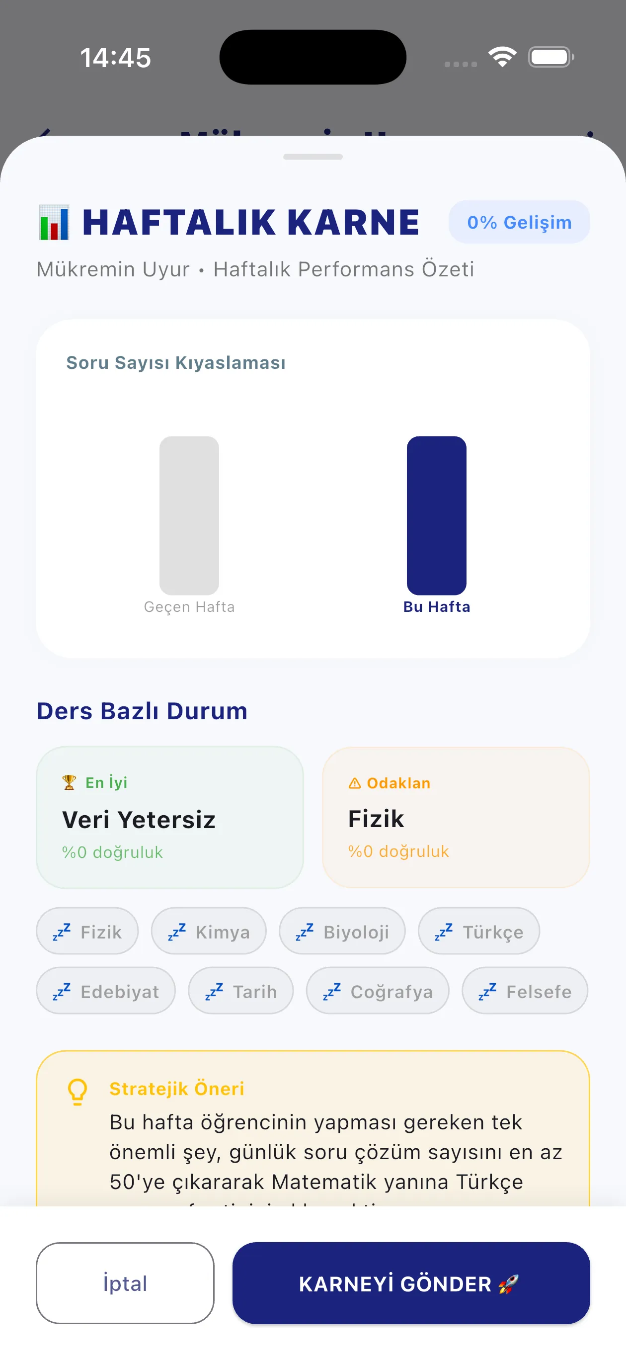 AI haftalık karne, tek tıkla veliye